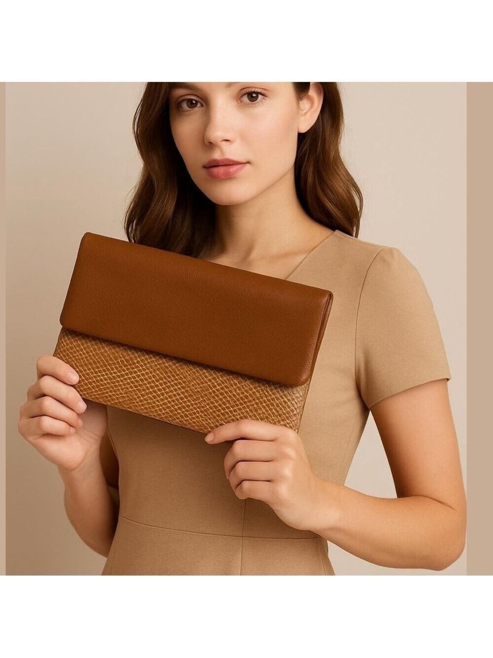 LOUENHIDE clutch purse wallet Brown & tan faux Leather zippered sections slots